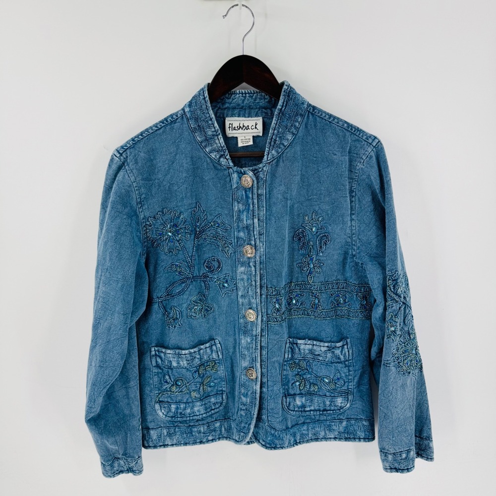 Vintage Flashback Embroidered Denim Jacket Size S Boho Floral Artsy Cottage